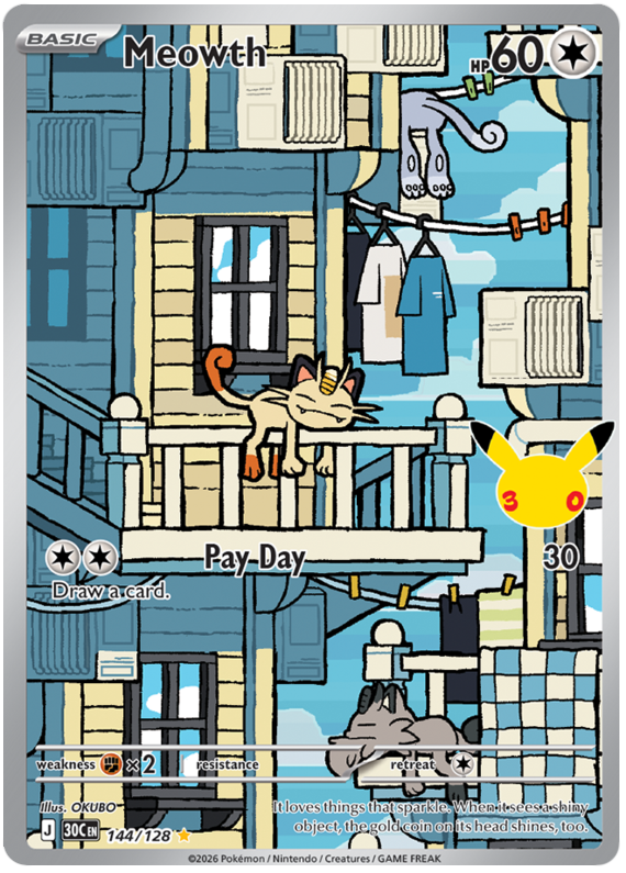 Pokemon TCG Meowth 144/128 - 30th Celebration